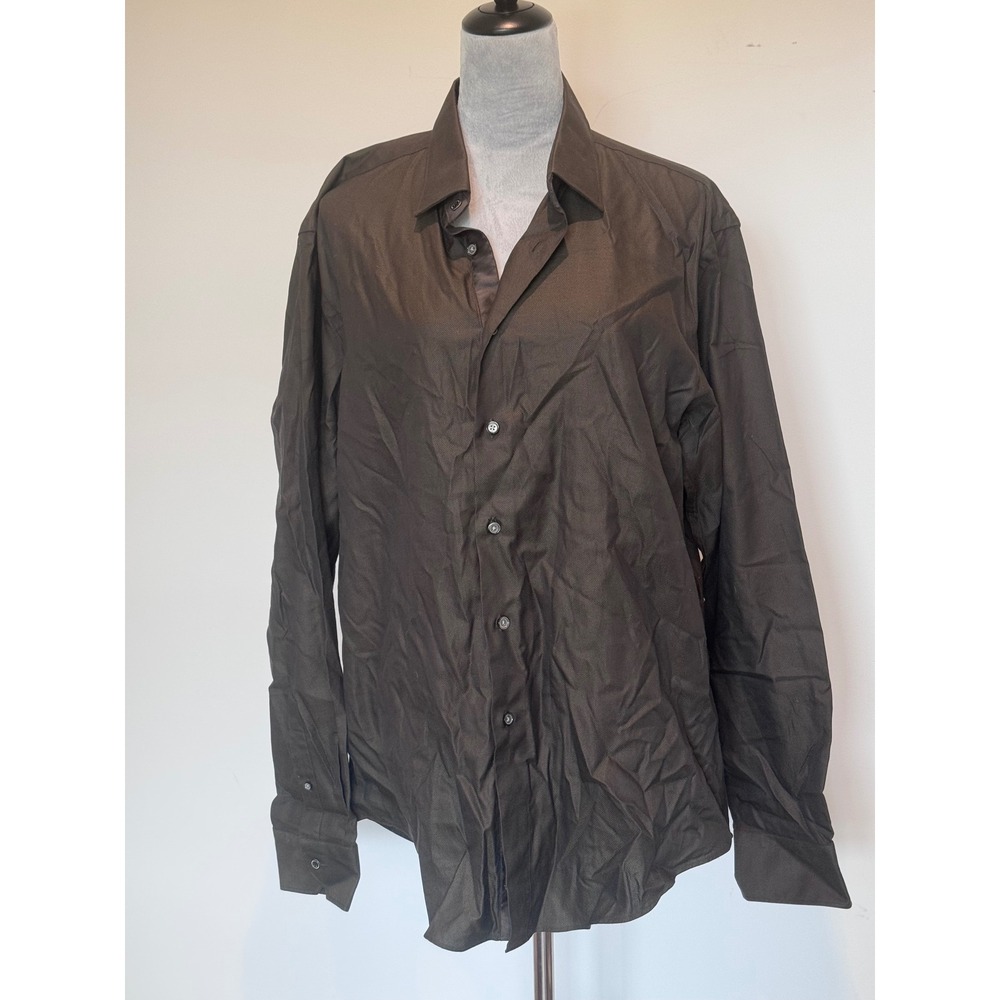 Zara Man Black Tag Slim Fit Button Down Shirt Dark Olive Brown XXL